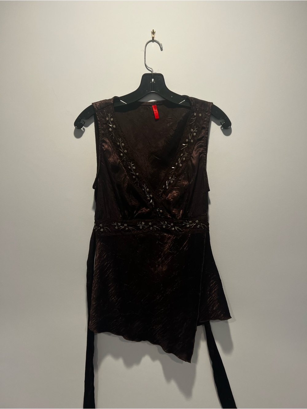 Tempted Brown Sleeveless V-Neck Embroidered Tank Top